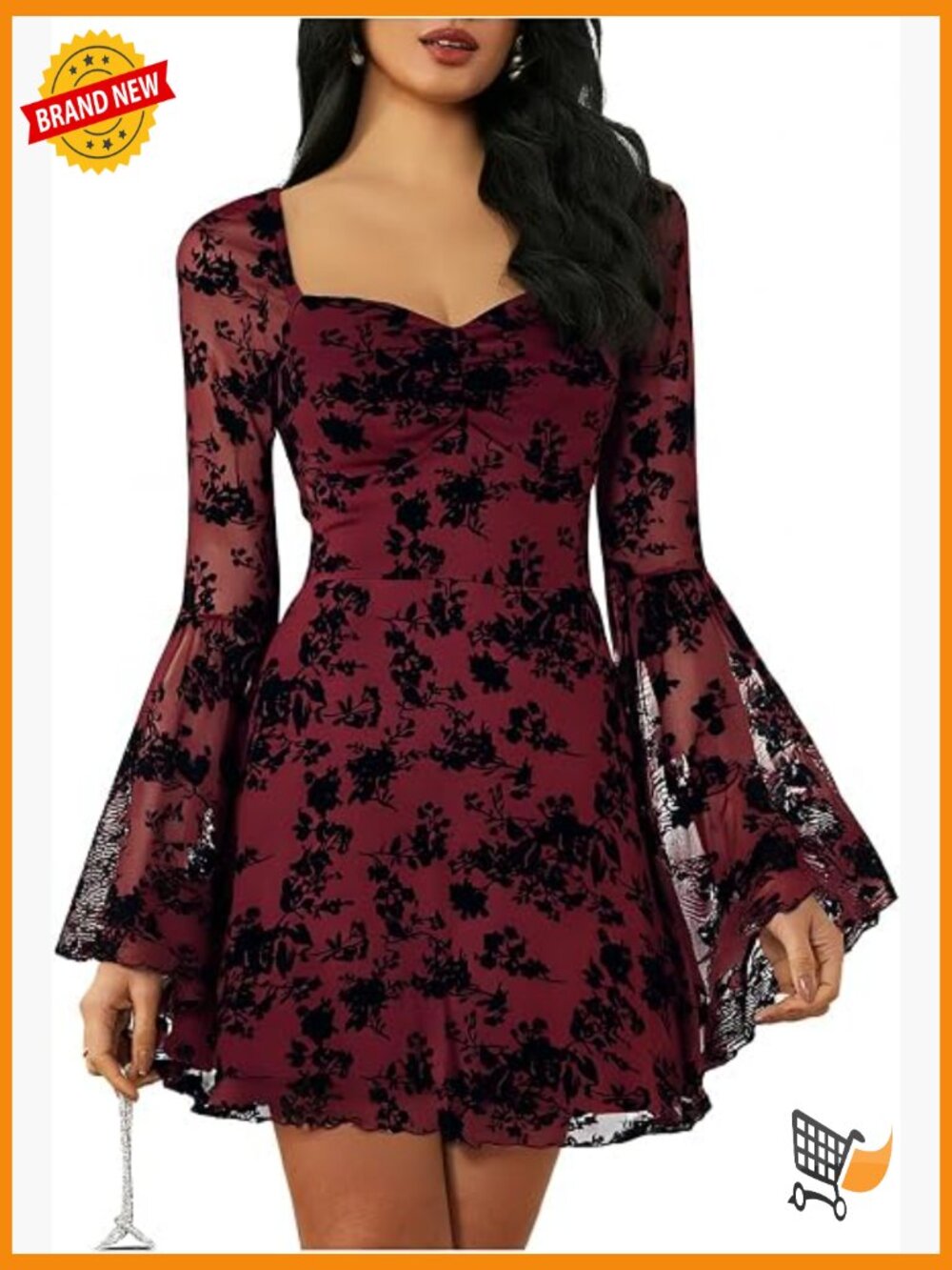 Floral Jacquard Mesh Gothic Dress Bell Long Sleeve A Line Vintage